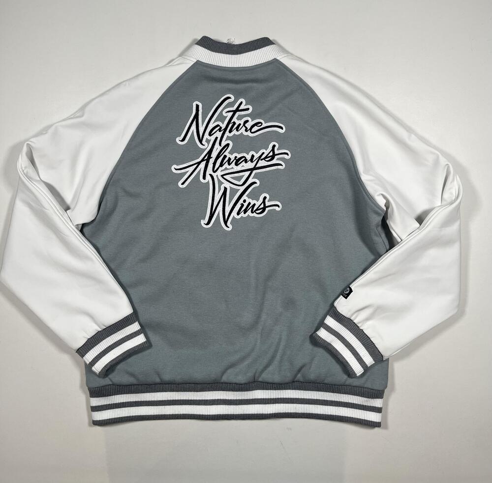 VAST Jacket Mens XL Gray White Varsity Nature Always Wins Snap Front Lined Logo